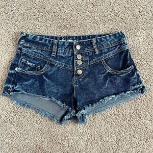 Amethyst Penny Mid Rise Button Fly Dark Wash Fray Hem Cotton Jean Shorts 3